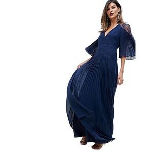 ASOS Design Pleated Paneled Flutter Sleeve Lace Maxi Dress Navy Blue 12